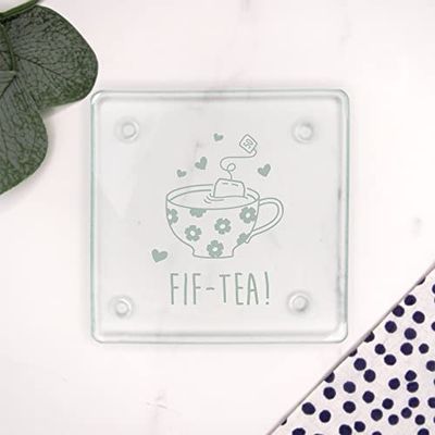 eBuyGB Engraved Square Glass Coaster -FIF-Tea Design - 50th Birthday Gifts for Women, Her - Fiftieth Birthday Gift for Mum, Friend, Sister, Grandma - Drinks Mat