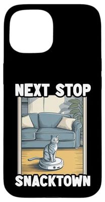 Next Stop Snacktown Cat Robot Vacuum Cleaner Cat Case for iPhone 15