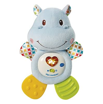 VTech- HIPO mordedor Hipopótamo de peluche musical y sonajero que ayuda a calmar y aliviar a tu bebe con tiernas frases, canciones y melodías, Color azul (3480-502522)