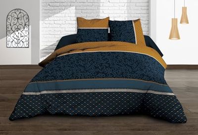 Le linge de Jules - Juego de sábanas Planas + sábana Bajera de 160 x 200 + 2 T - Algodón Puro de 57 Hilos - Alix, Azul, Mostaza