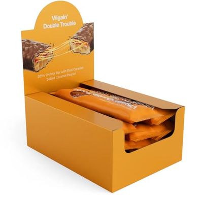 Vilgain Double Trouble Protein Bar | Two-layer nut bar with 29% protein & stevia sweetness | Bar ideal for muscle building & snacking (12x55g, Salted Caramel)