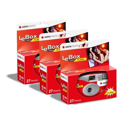 AGFA PHOTO 601020 - Fotocamera usa e getta LeBox Flash, 27 foto, obiettivo ottico 31 mm, grigio e rosso