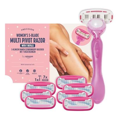 by Amazon Women's 5 Blade Razor with Multi Axis Pivot handle + 7 refills