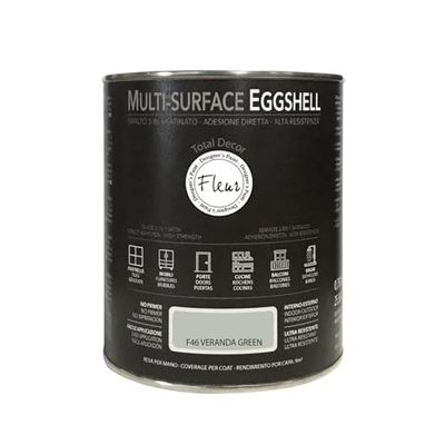 FLEUR DESIGNER'S PAINT | MULTI-SURFACE EGGSHELL Smalto Lavabile 3 in 1, Satinato, 750 ml, F46 Veranda Green, a Base Acqua, Adesione Diretta, Alta Resistenza, per Interno - Esterno, Made in Italy