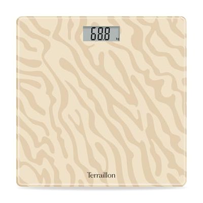 TERRAILLON - One GOLDEN SAND- elektronisk personvåg, kompakt och ultraplatt, glasplatta 27 cm x 27 cm, LCD-skärm, kapacitet 160 kg, examen 100 g, sandsilkscreen i guld