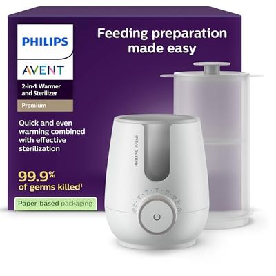 Philips Avent Premium 2-in-1 Warmer & Sterilizer - with Hospital-Standard Water Bath Technology, Smart Temperature Sensor, Hotspots Prevention, Chemical-Free Sterilization, Model SCF359/00