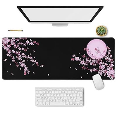 Japansk körsbärsblom Sakura musmatta svart XL, utökad stor musmatta, Kawaii rosa svart musmatta, måne blommig lång stor skrivbord musmatta, körsbärsblomsdekor saker tillbehör, 80 x 30 cm