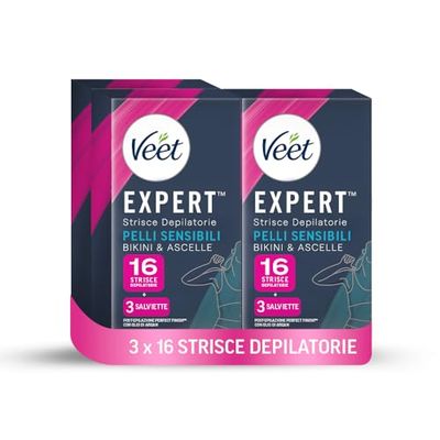 Veet Expert 36 Strisce Ascelle e Zona Bikini Pelli Sensibili, 3 Confezioni da 12 Strisce