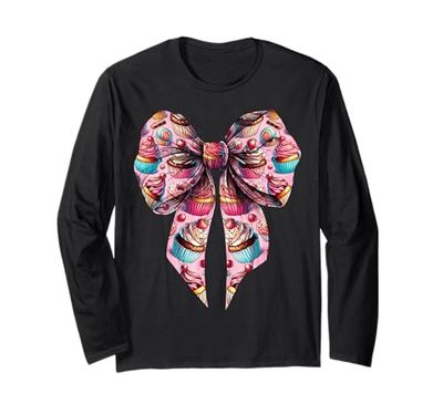 Coquette Bow Cupcake Pattern Baking Baker Girl Mom Rosa Maglia a Manica