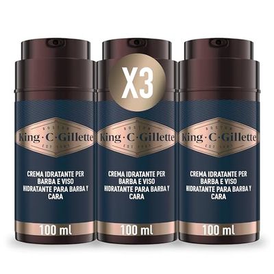King C. Gillette CREMA IDRATANTE VISO E BARBA, con Vitamina B, 3 confezioni da 100 ml, Ammorbidisce La Pelle E La Barba Incolta, PER CURA DELLA BARBA, IDEA REGALO