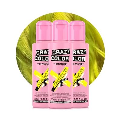 Crazy Color Caution UV Semi-Permanent Trio Hair Dye. Highly Pigmented Neon Yellow Conditioning & Oil Nourishing Vegan Formula | No Bleach or Ammonia | 300ml