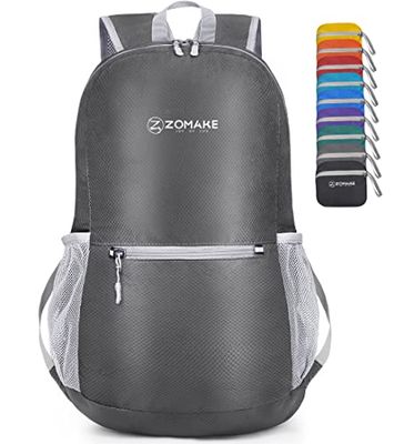 ZOMAKE Ultra Lichtgewicht Opvouwbare Rugzak 20L,Kleine Rugzak Waterdichte Wandelrugzak,Pakbare Rugzak voor Dames En Heren,Outdoor Wandelen Camping Wandelen Reizen(Gemiddeld-grijs)