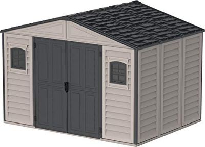 Duramax WoodBridge II PLUS 10.5 x 8 (7.64 m²) Abri de jardin en plastique avec kit de fondation et 2 fenêtres fixes - Structure de toit en métal robuste, Sans entretien, Gris foncé/ Adobe
