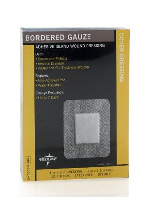 Medline Bordered Gauze, 4" x 5" Adhesive Island Wound Dressing, Sterile, 15 Count