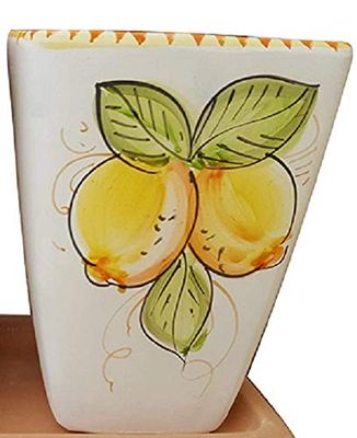 VASO CON LIMONI IN CERAMICA DI VIETRI DIPINTO A MANO, ALTEZZA CM. 19, LATO CM. 15 X CM. 15 FATTO A MANO TERRACOTTA BIANCA POROSA CACHEPOT SENZA FORO MADE IN ITALY