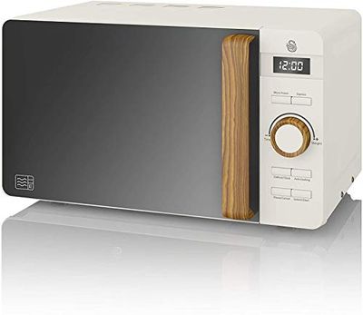 Swan Forno a microonde digitale Nordic 20 L, 6 livelli di potenza, timer da 30 minuti, facile pulizia, modalità scongelamento, manico effetto legno, bianco opaco