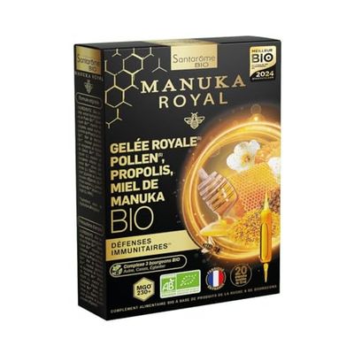 Santarome Bio - Gelée Royale Pollen Propolis, Miel de Manuka, Complément Alimentaire Immunité, Augmente les résistances de l'organisme - A base de plantes, 20 ampoules, Made In France