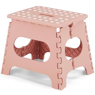VECELO Marchepied Pliable, 28cm Tabouret Pliant Antidérapant avec Poignée pour Enfants et Adultes, Léger et Portable pour la Cuisine, Salle de Bain, Camping, Rose