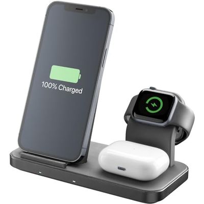 cellularline | TRIO WIRELESS CHARGER | Caricabatterie Wireless 3 in 1 per dispositivi Apple: iPhone, Apple Watch, Airpods, Nero