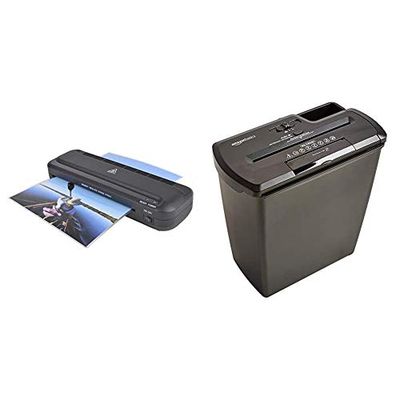 Pavo 8038718 Premium Florida Plastificatrice con set di 5 accessori per plastificazione & Amazon Basics Distruggidocumenti 8 fogli, taglio a striscioline, con funzione distruggi CD, Grigio