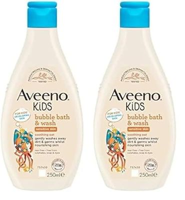 Aveeno Baby KIDS Bubble Bath & Wash 250ml | Enriched with Soothing Oat Extract | Foam Body Wash Developed for Your Little Superhero | Childrens Toiletries Sets (Pack of 2)