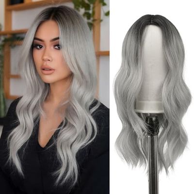 FESHFEN Parrucca Grigia Lunga Ondulata Donna, 60 cm Ombre Grigia Parrucche Donna Lunghe Sintetici Separazione Centrale Parrucche Uso Quotidiano Festa Parrucca Long Wavy Wig