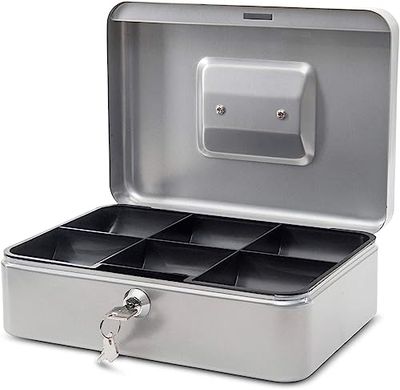 MAUL caja fuerte de acero 25 x 18 x 9 cm | Caja caudales con cerradura | Bandeja extraíble para monedas | Caja con 2 llaves | Caja registradora robusta con asa | Plata