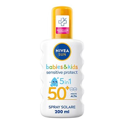 NIVEA SUN Crema Solare Spray Kids Sensitive Protect & Play FP 50+ 200 ml, Crema Solare Bambini e Neonati dai 6 Mesi in su, Crema solare 50+ in pratico flacone in spray