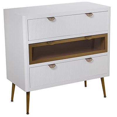 DRW Comoda con 3 cajones de Madera 1 de Cristal de Madera en Blanco y Dorado 80x40x80cm, alt.Patas 20,5cm