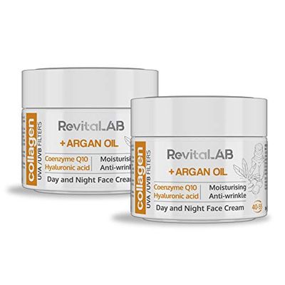 RevitaLAB Anti-Ageing dag- och nattfuktkräm med kollagen, berikad med hyaluronsyra, Q10, arganolja och ett UVA-/UVB-filter, för åldrarna 40 och 55, 50 ml (multipack)