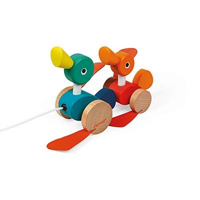 Janod - Patitos de Madera Zigolos - Juguete de Desarrollo para Arrastrar Certificado FSC - Desde 1 Año, J08211, Multicolor