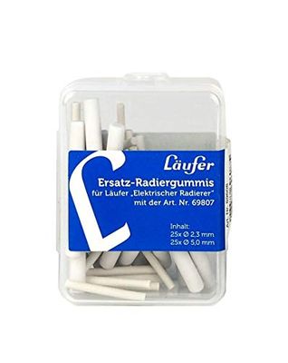 Läufer 69608 Lot de 25 gommes de rechange en 2 tailles pour gomme électrique, 25 pièces Ø 2,3 mm, 25 pièces Ø 5 mm, boîte refermable, pour stylo gomme Läufer à piles