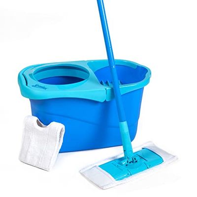 Spontex Express System + Sistema Lavapavimenti a Panno Piatto con Secchio e Strizzatura Rotante + 2 Panni di Ricambio in Microfibre