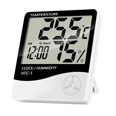 Reloj Higrómetro | Monitor de Temperatura y Humedad | Termómetro Digital de Escritorio | Termómetro Digital con Pantalla LCD | Medidor de Humedad de la Habitación | Medidor de Temperatura | Pack de 1
