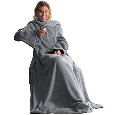 CelinaTex TV-filt med ärmar och fotficka, fluffig gosig filt, 150 x 180 cm, silvergrå, mikrofiber, fleece, mjuk OEKO-TEX