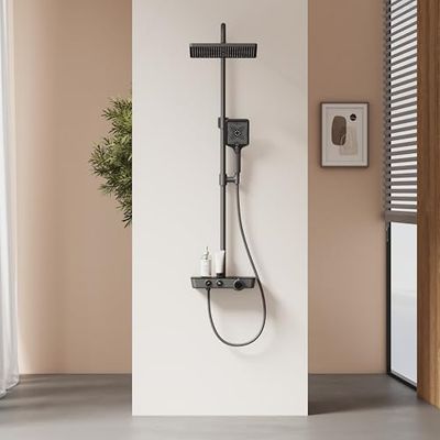 EMKE Columna de Ducha Termostática con Ducha de Lluvia y Ducha Manual, 1142x303x460mm,Antracita Mate, set de ducha con estante de vidrio,Altura Adjustable 812-1142mm,Función 3 en 1