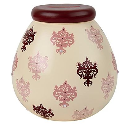 Pot of Dreams House Hand Painted Fleur de LYS Pattern Save And Smash Handcrafted Cream Color Ceramic Money Box Piggy Bank | Perfect Decorative Gift for Living Room & Bedroom