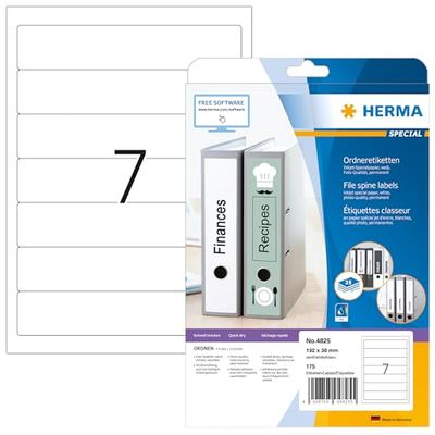 HERMA Self Adhesive Spine Labels, 7 Labels per A4 Sheet, 25 Sheets, 192 x 38 mm, 175 Labels, Blank Lever Arch File Folder Labels Stickers, Sticky Labels for Laser & Inkjet Printer, White