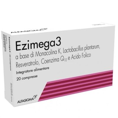 Alfasigma Ezimega 3 - Integratore a Base di Monacolina K, Resveratrolo, Coenzima Q10, Lp-Ldl Probiotico Lactobacillus Plantarum, Acido Folico, 20 Compresse