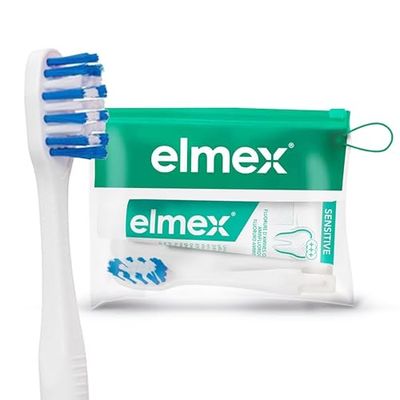 Mini Dentifricio Viaggi Elmex, Mini Spazzolino da denti Sensibili, Kit Viaggio - Protezione e Rafforzamento dello Smalto - Formato da Viaggio Compatto 12ml