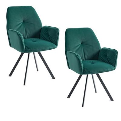 MEUBLE COSY Set van 2 Eetkamerstoelen, 360° draaibaar, Scandinavische stoel met rugleuning en armleuningen, voor woonkamer, keuken, kantoor, gestoffeerde zitting van fluweel met metalen poten, groen