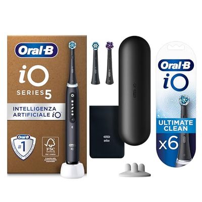 Oral-B Spazzolino Elettrico iO5 e Ultimate Clean Testine Spazzolino Elettrico, 3+6 Testine, 1 Spazzolino, Sensore di Pressione, 5 Modalità di Spazzolamento, Custodia da Viaggio, Nero, Idea Regalo