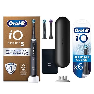 Oral-B Spazzolino Elettrico iO5, Ultimate Clean Testine Spazzolino Elettrico, 6 Testine, 1 Spazzolino, Sensore di Pressione, 5 Modalità di Spazzolamento, Custodia da Viaggio, Nero, Idea Regalo