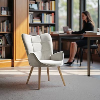 FurnitureR - Sillas de recepción, sillón de Scandic, Tejido Beige con Respaldo Alto a Cuadros y Patas de Madera de Haya, Altura 45 cm, para Conversaciones en la Escuela, recepción y Consulta