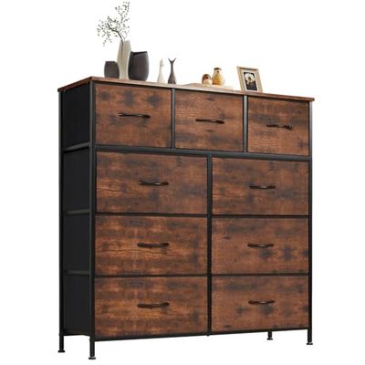 Sweetcrispy Commode, Buffet de Salon pour Chambre à Coucher, avec 9 tiroirs en Tissu, Pieds réglables, Armoire de Commode, Armoire pour Chambre à Coucher, Marron Moderne