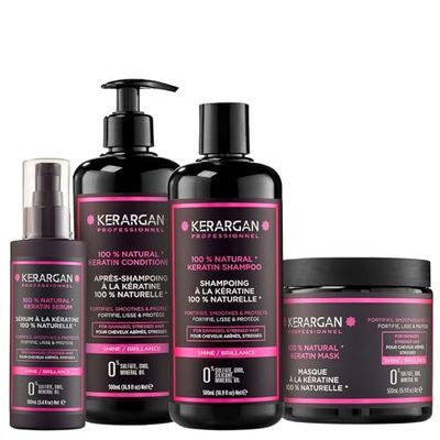 Kerargan - Set Ultra Riparatore Shampoo, Balsamo, Maschera & Siero alla Cheratina per Capelli Danneggiati e Stressati - Rivitalizza & Protegge - Senza Solfati, OGM, Silicone - 3x500 ml + 100 ml
