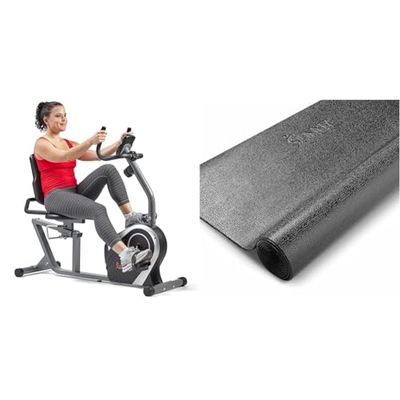 Sunny Health & Fitness Bicicleta reclinable magnética con capacidad de 136 kg y esterilla protectora de suelo de espuma para gimnasio, fitness y ejercicio en casa