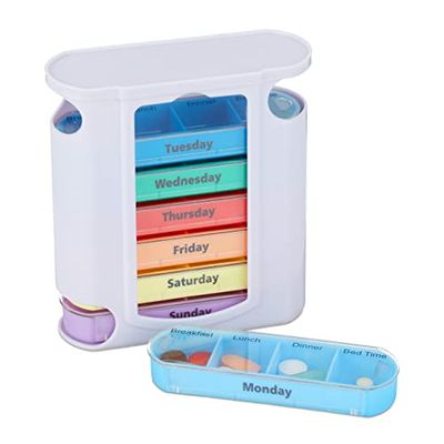 Relaxdays 7-Day Pill Tower, Weekly Medicine Boxes, 4 Compartments, Sliding Lids, White-Colourful, 13 x 11.5 x 4.5 cm