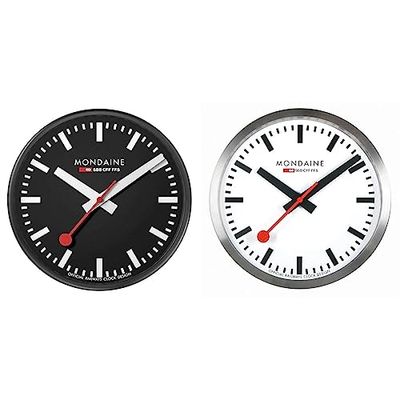 Mondaine Reloj Pared Moderno en Color Negro, A990.Clock.64SBB, 25 CM & Reloj Pared Moderno en Color Plata, A990.Clock.16SBB, 25 CM
