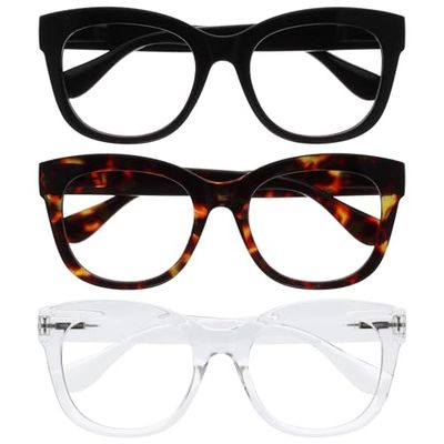 OPULIZE BIG Blue Light Blocking Reading Glasses - Bold Round Fashion Frame - Anti-Glare Anti-Reflective Computer Gaming - 3 Pack - UV & Eyestrain Protection - Black Brown Clear - Mens Womens +2.00